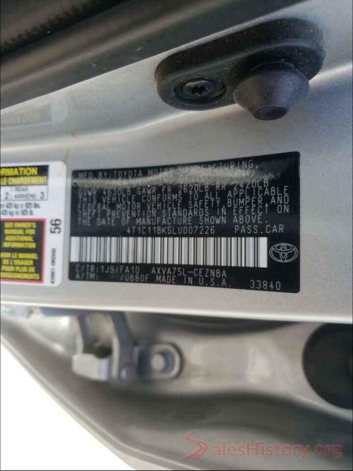 4T1C11BK5LU007226 2020 TOYOTA CAMRY