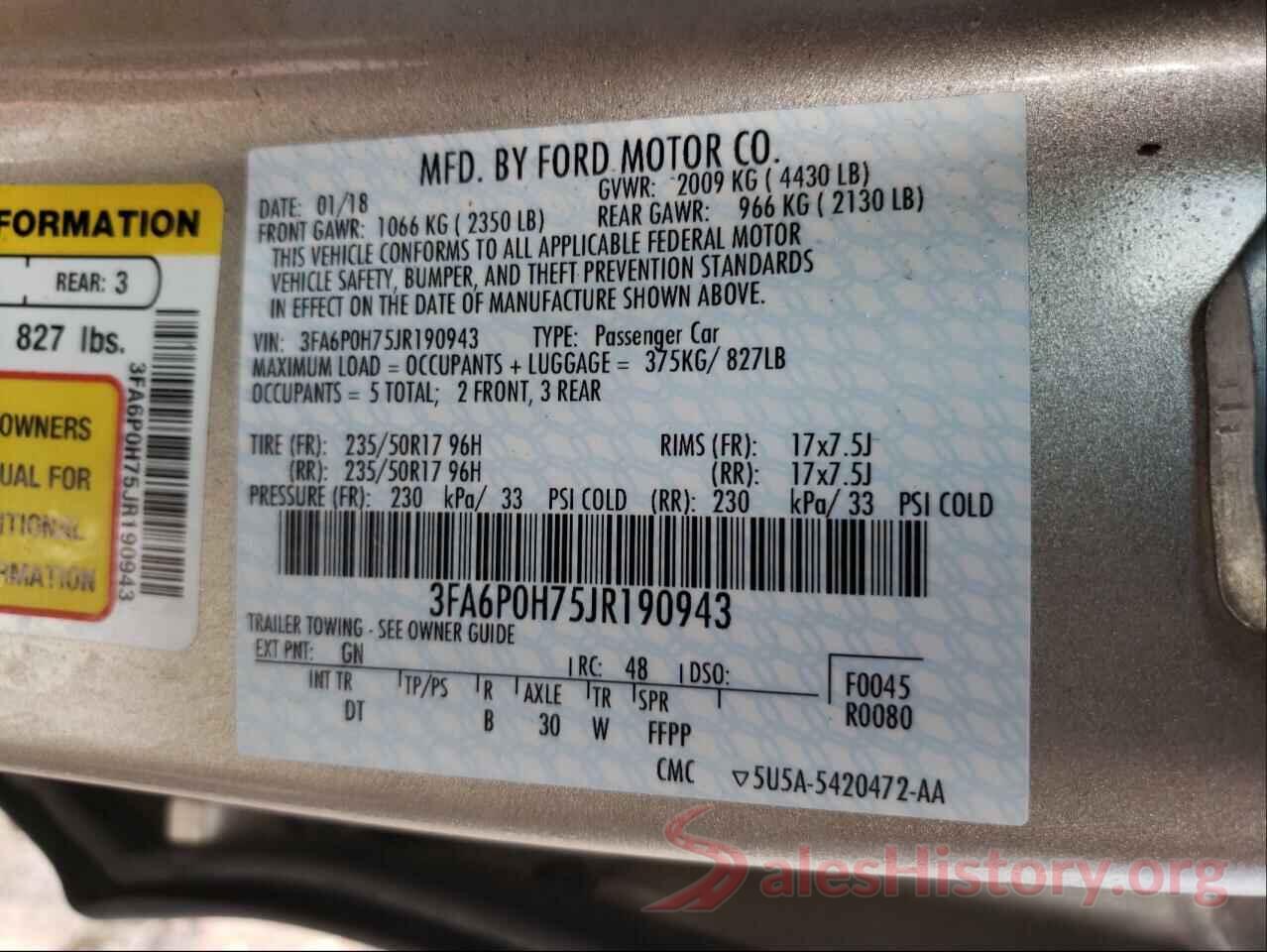 3FA6P0H75JR190943 2018 FORD FUSION