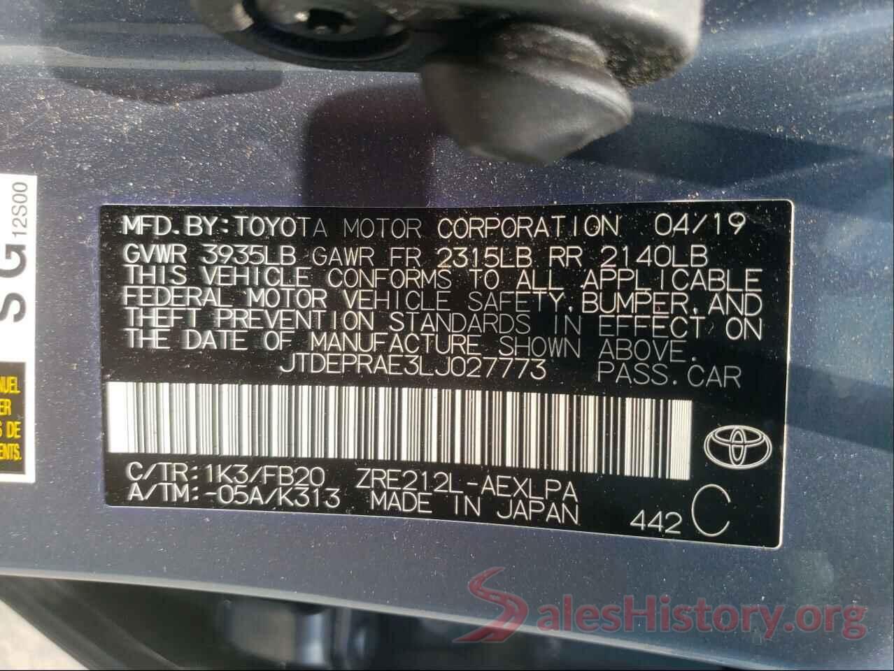 JTDEPRAE3LJ027773 2020 TOYOTA COROLLA