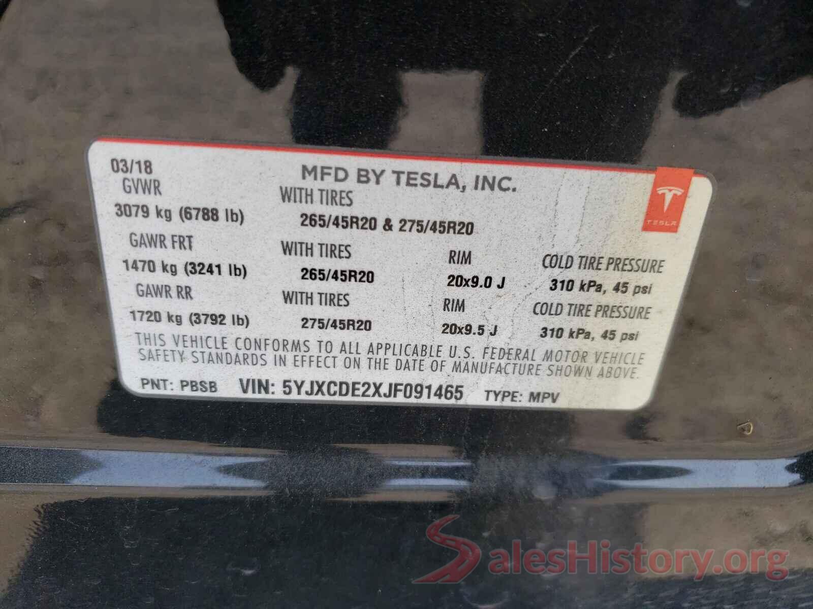 5YJXCDE2XJF091465 2018 TESLA MODEL X