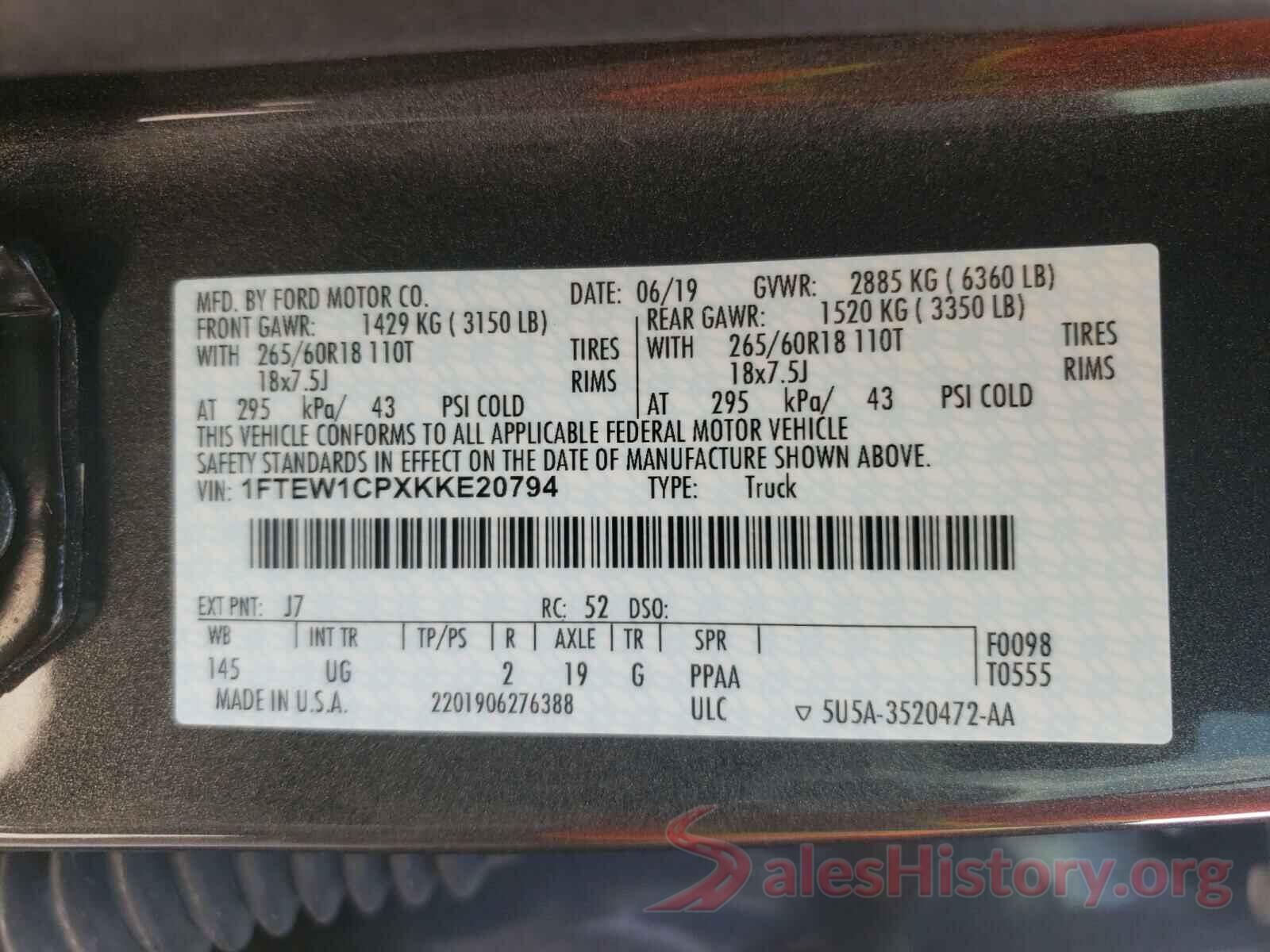 1FTEW1CPXKKE20794 2019 FORD F-150