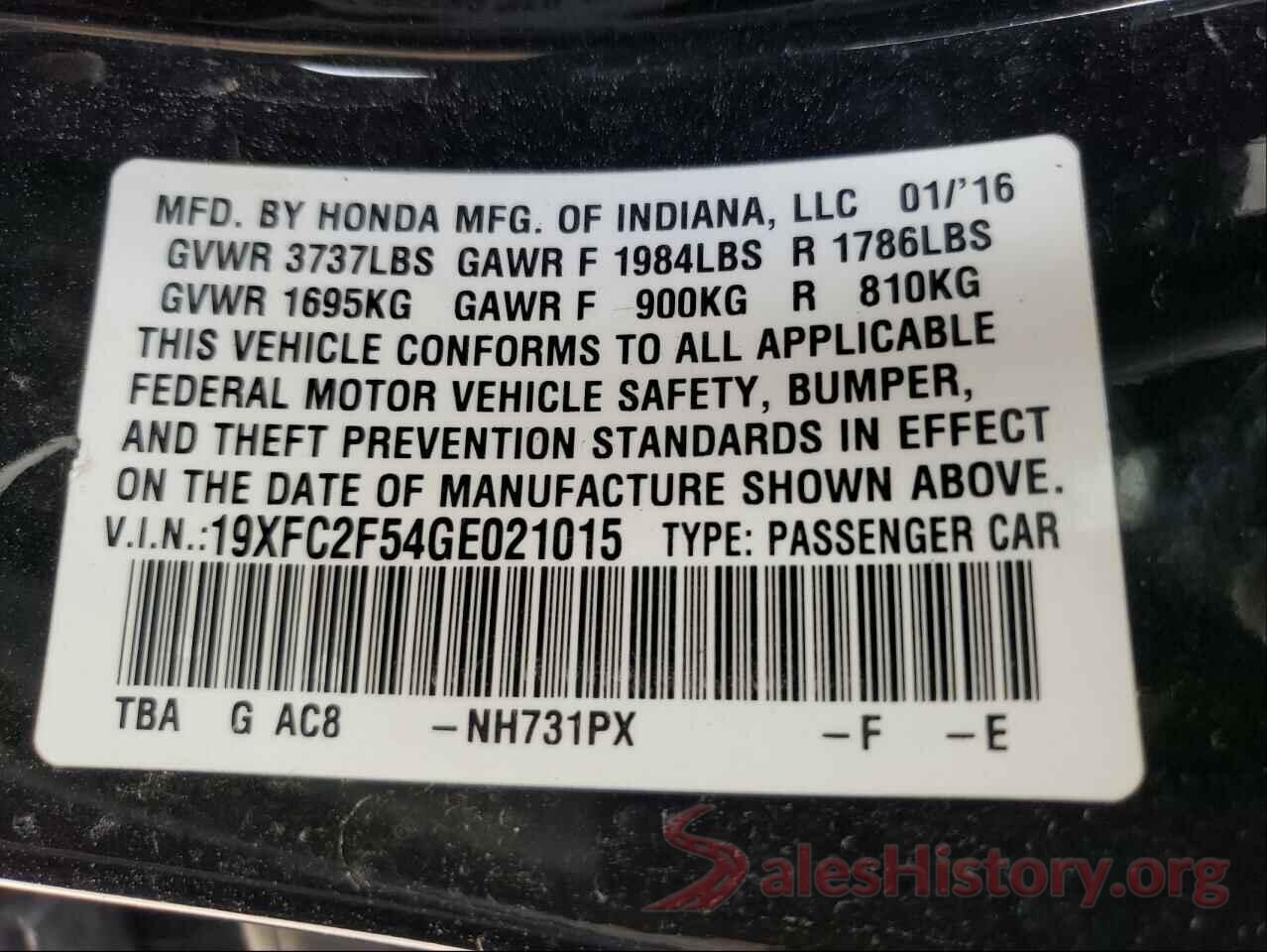 19XFC2F54GE021015 2016 HONDA CIVIC