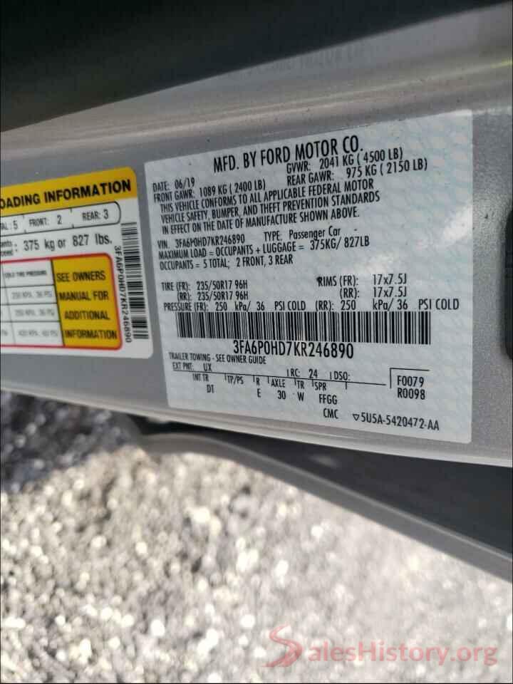 3FA6P0HD7KR246890 2019 FORD FUSION