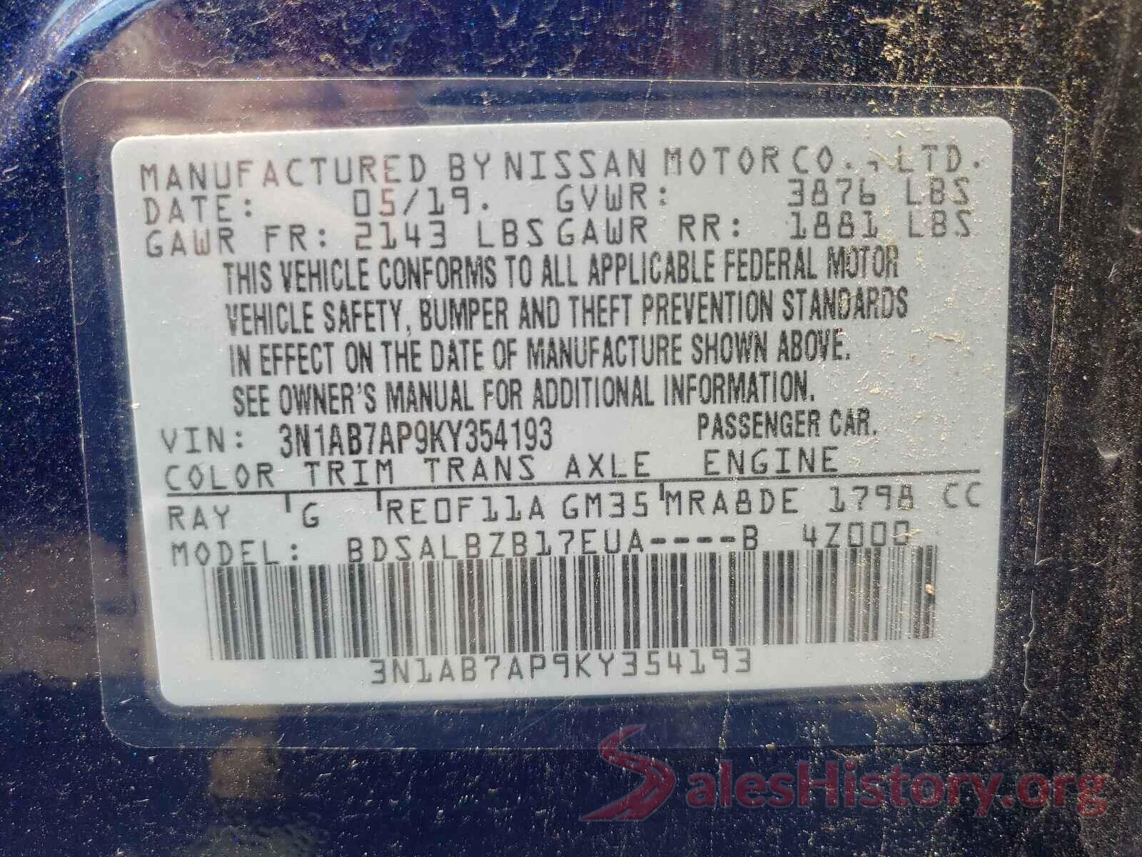 3N1AB7AP9KY354193 2019 NISSAN SENTRA