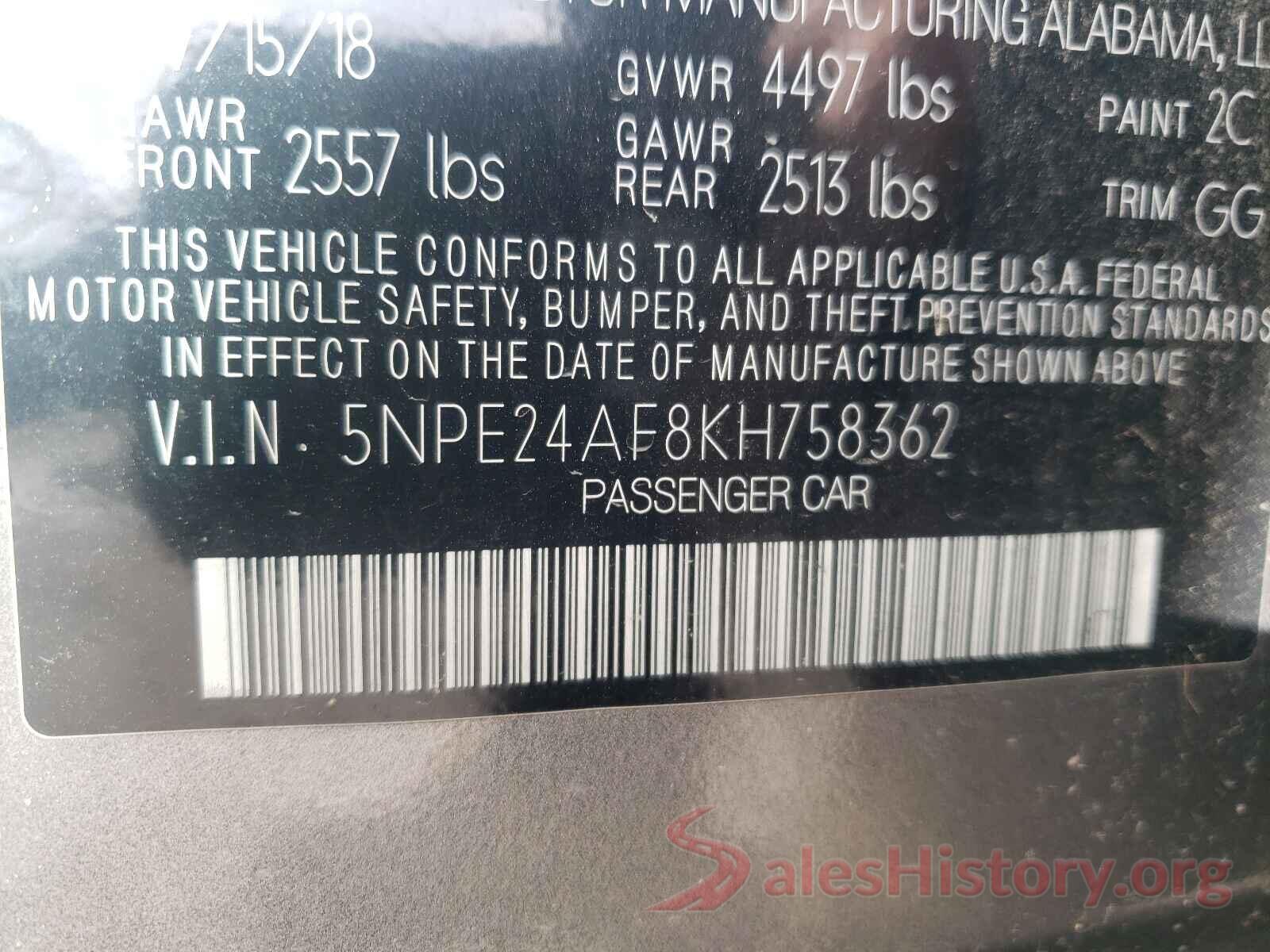 5NPE24AF8KH758362 2019 HYUNDAI SONATA