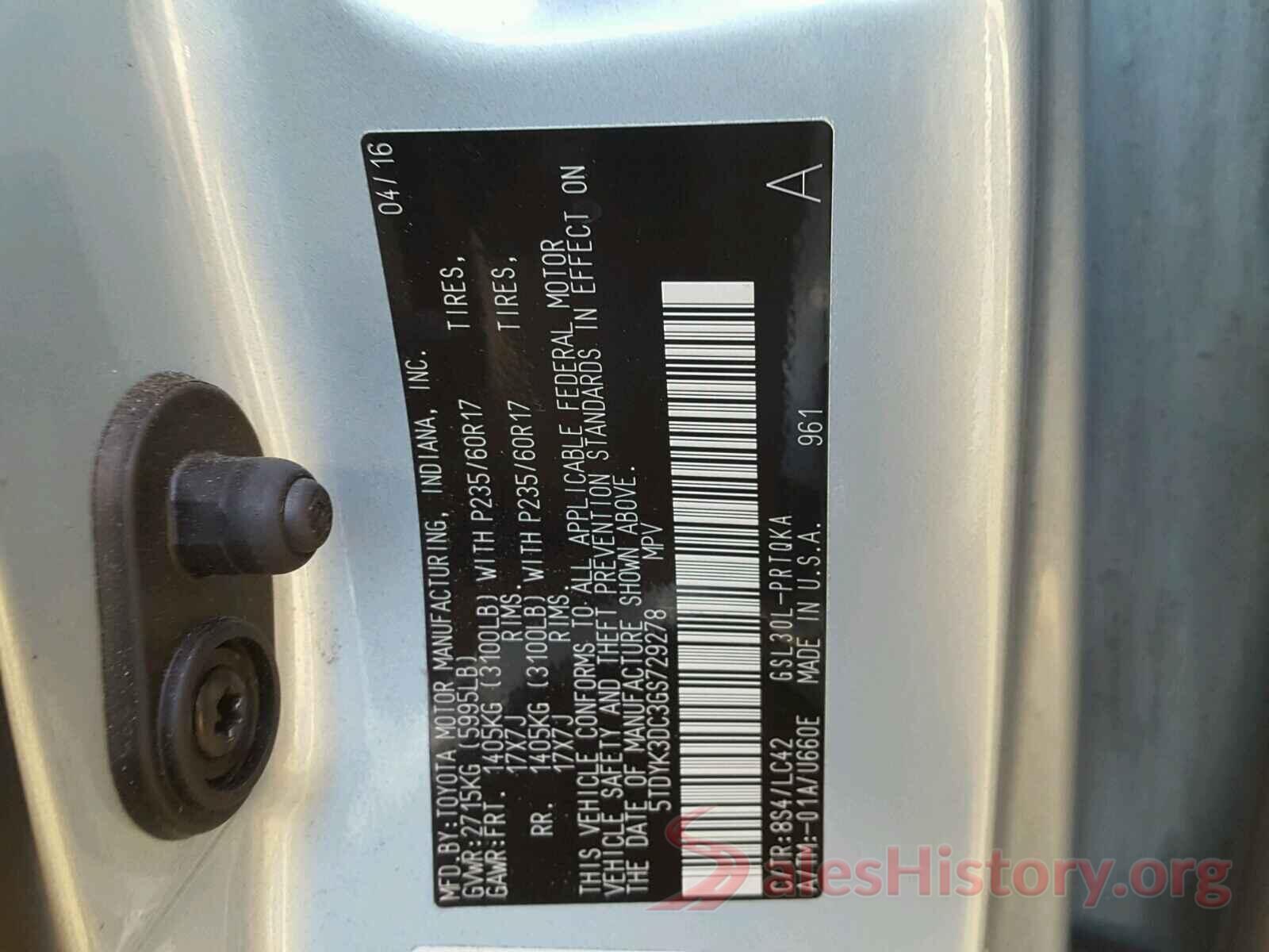 5TDYK3DC3GS729278 2016 TOYOTA SIENNA