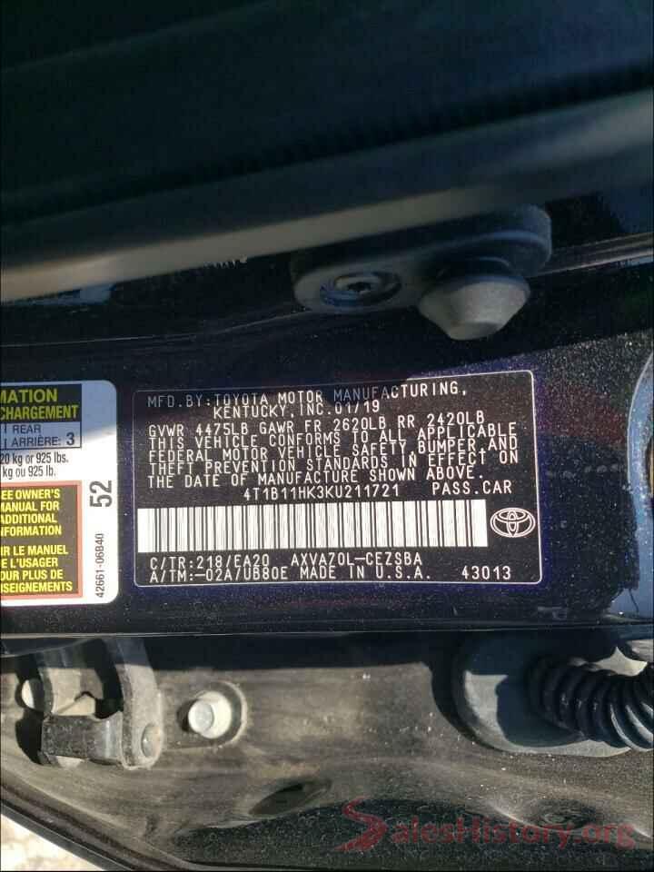 4T1B11HK3KU211721 2019 TOYOTA CAMRY