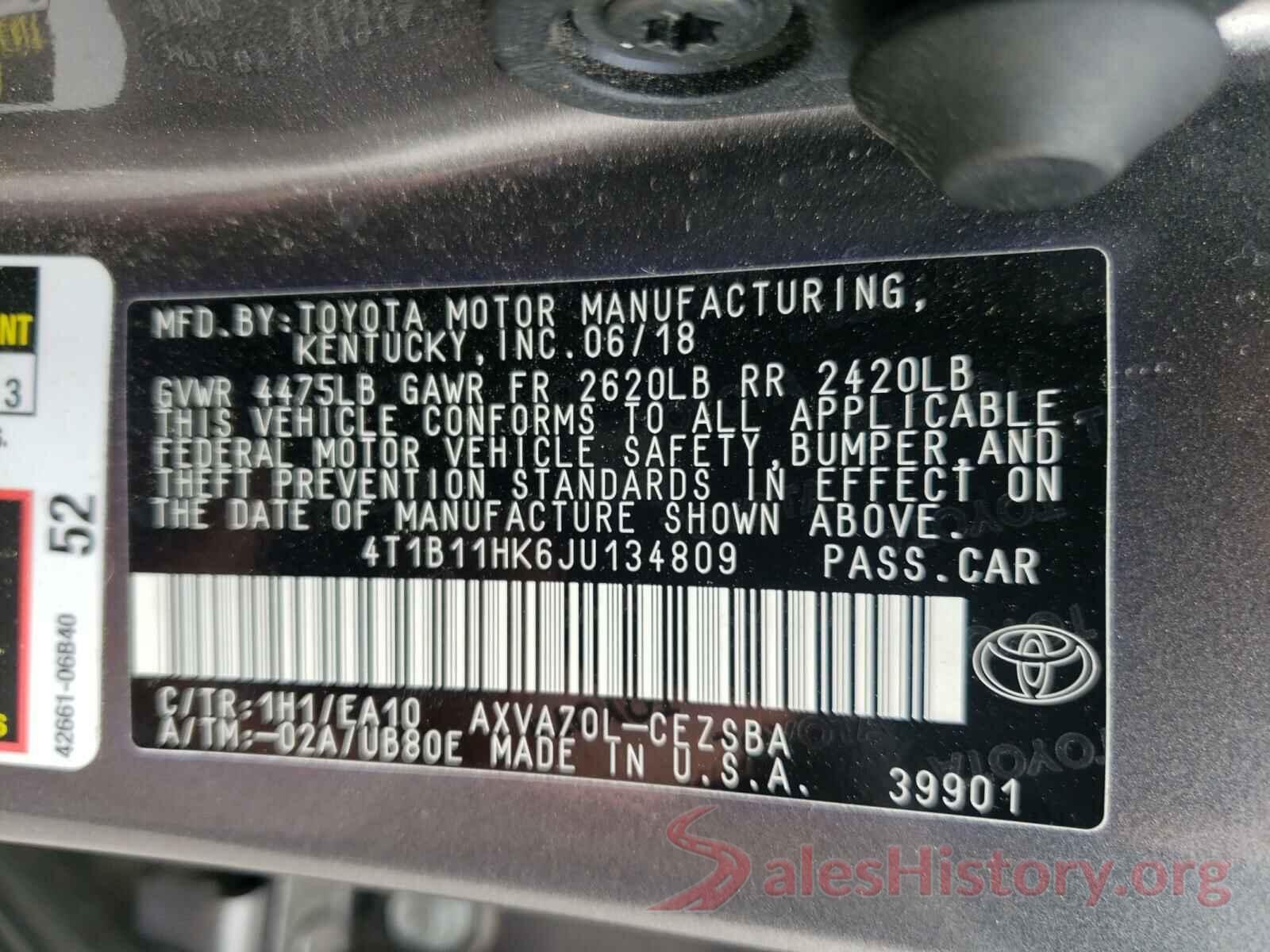 4T1B11HK6JU134809 2018 TOYOTA CAMRY