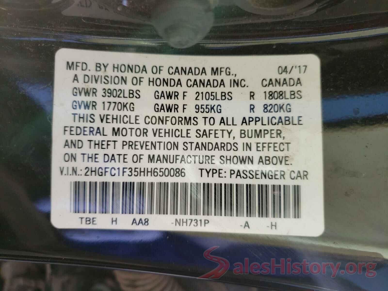 2HGFC1F35HH650086 2017 HONDA CIVIC