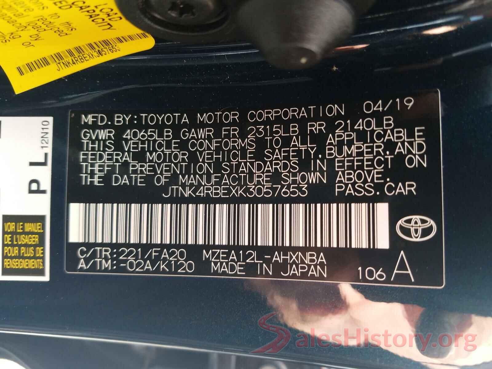 JTNK4RBEXK3057653 2019 TOYOTA COROLLA