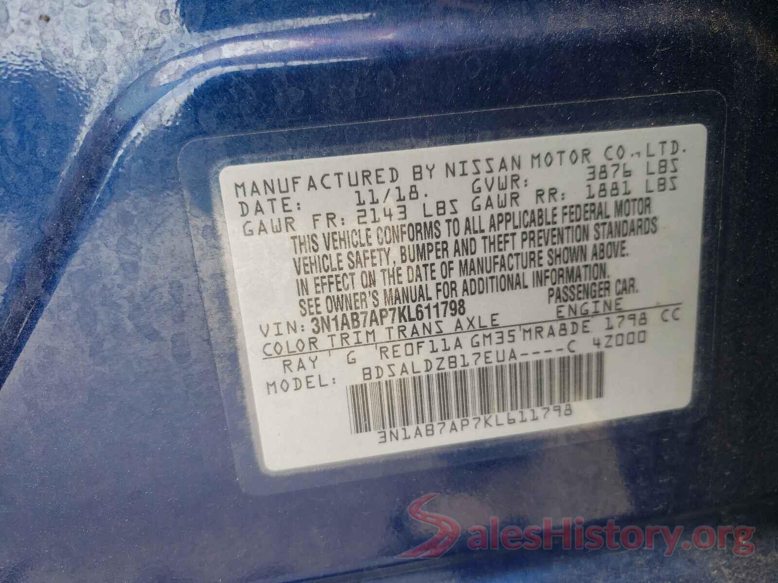 3N1AB7AP7KL611798 2019 NISSAN SENTRA