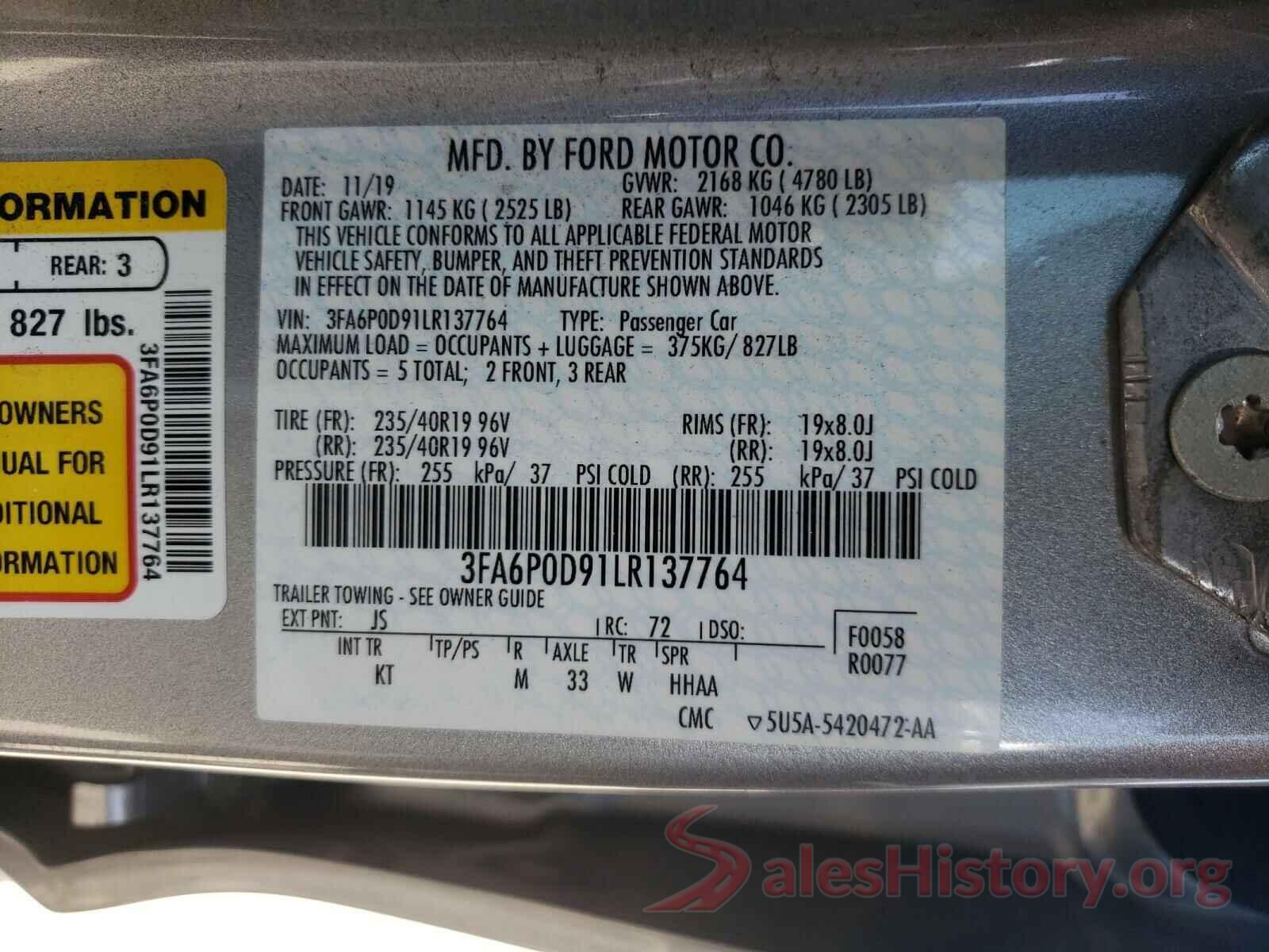 3FA6P0D91LR137764 2020 FORD FUSION