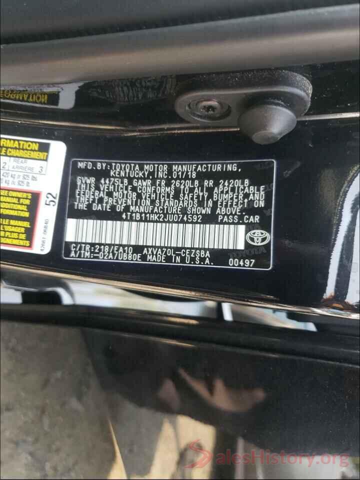 4T1B11HK2JU074592 2018 TOYOTA CAMRY