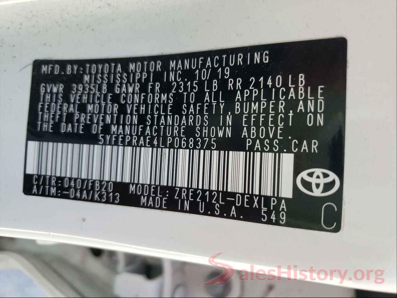 5YFEPRAE4LP068375 2020 TOYOTA COROLLA