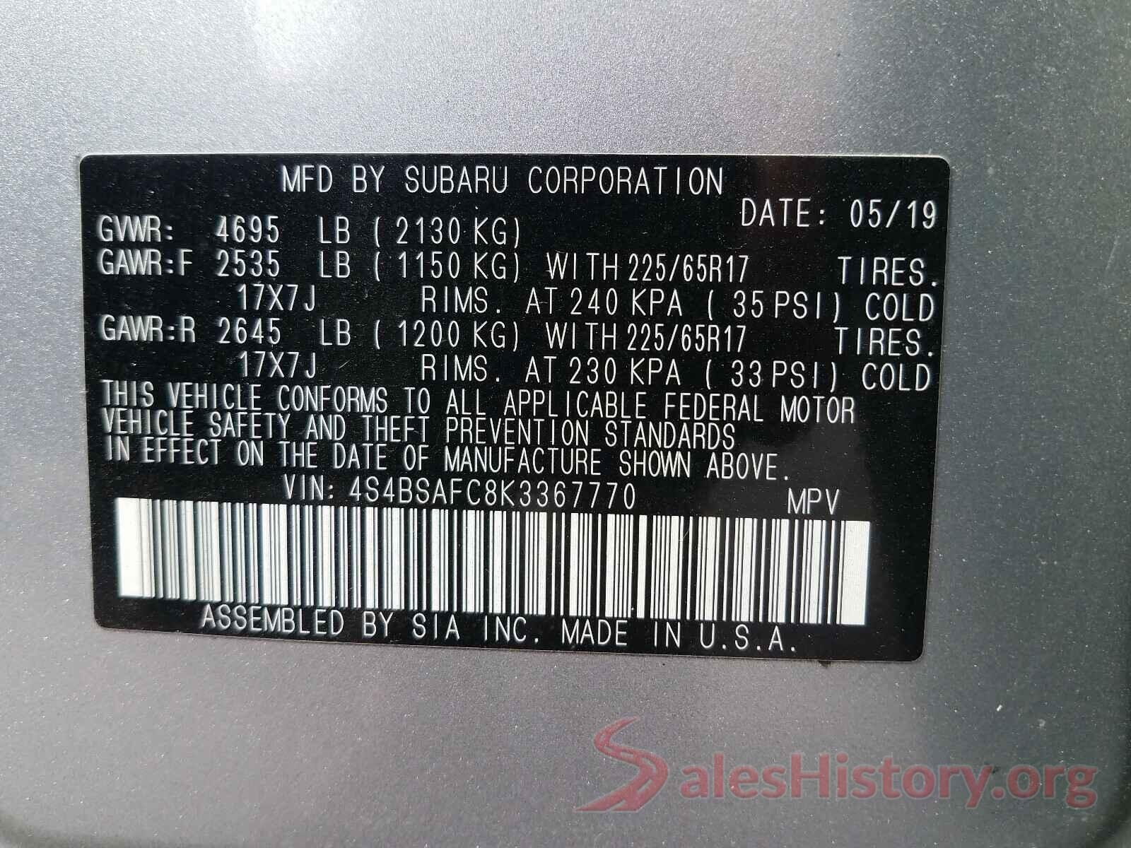 4S4BSAFC8K3367770 2019 SUBARU OUTBACK