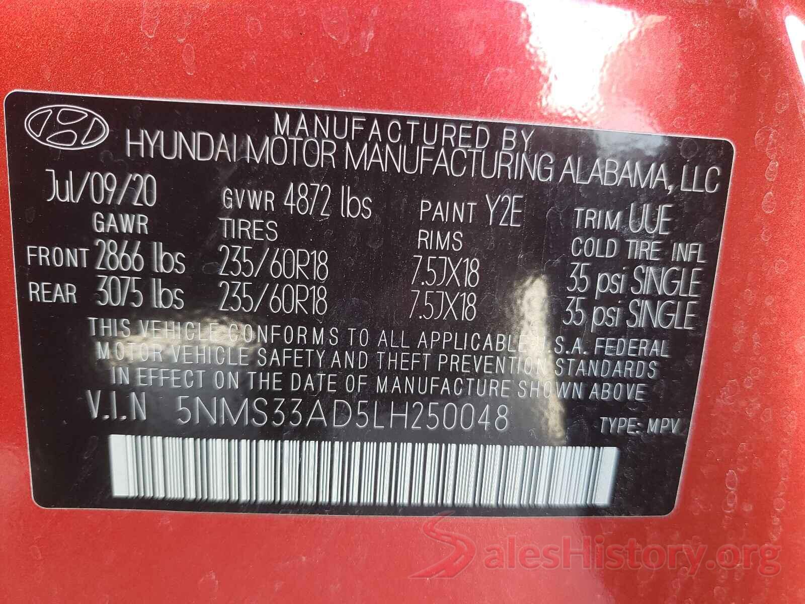 5NMS33AD5LH250048 2020 HYUNDAI SANTA FE