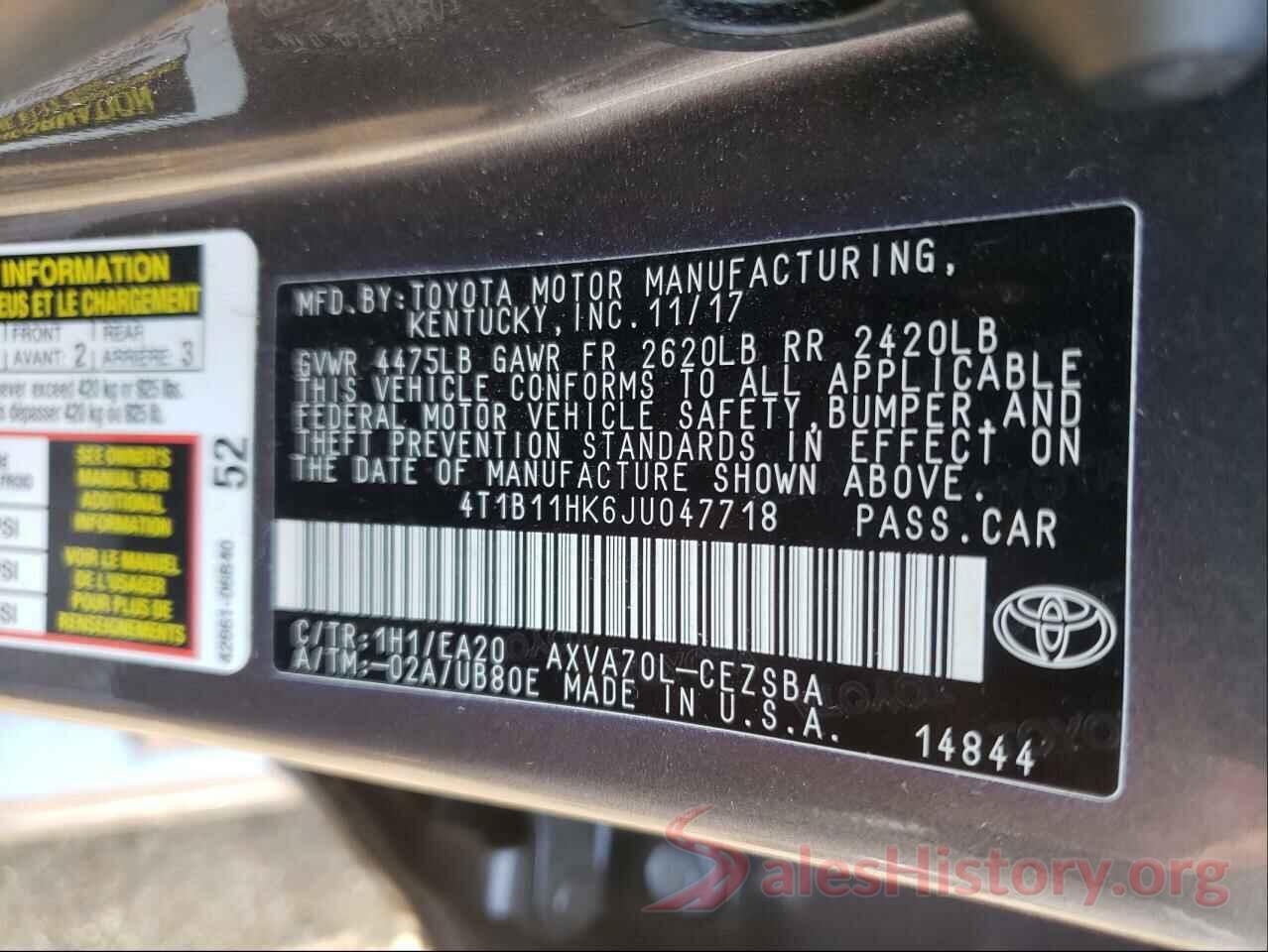 4T1B11HK6JU047718 2018 TOYOTA CAMRY