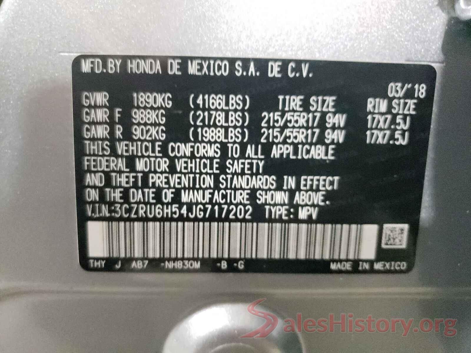 3CZRU6H54JG717202 2018 HONDA HR-V