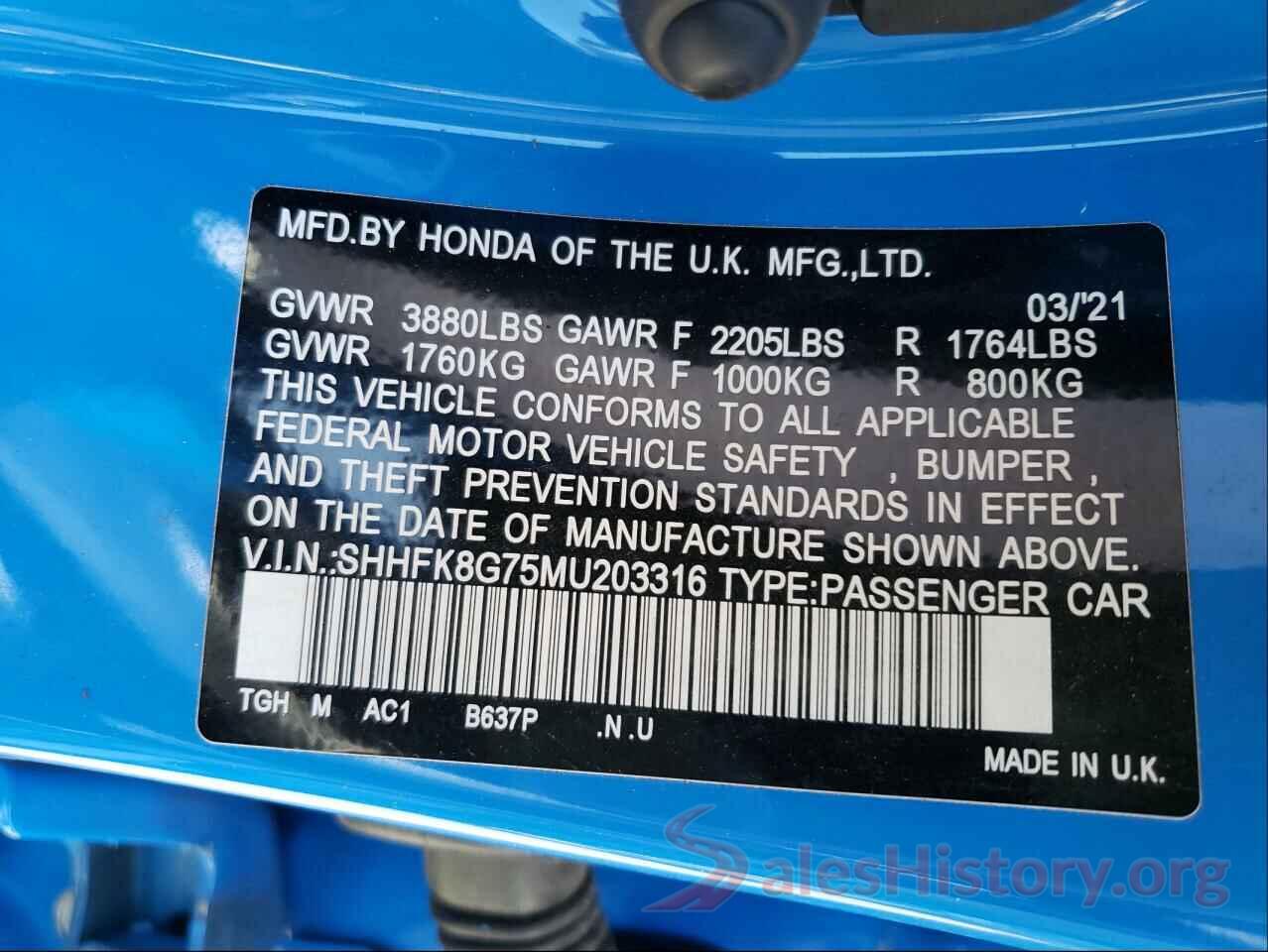 SHHFK8G75MU203316 2021 HONDA CIVIC