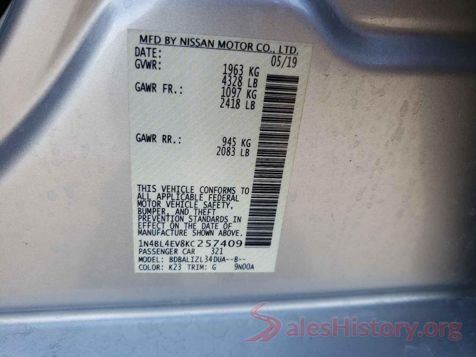 1N4BL4EV8KC257409 2019 NISSAN ALTIMA