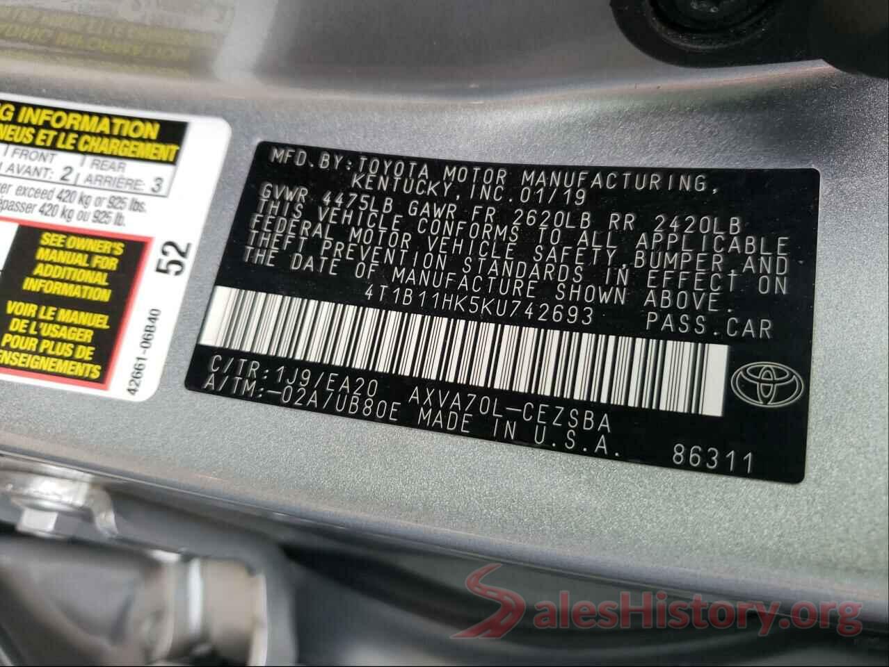 4T1B11HK5KU742693 2019 TOYOTA CAMRY