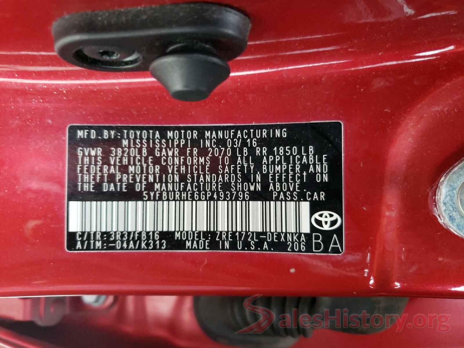 5YFBURHE6GP493796 2016 TOYOTA COROLLA