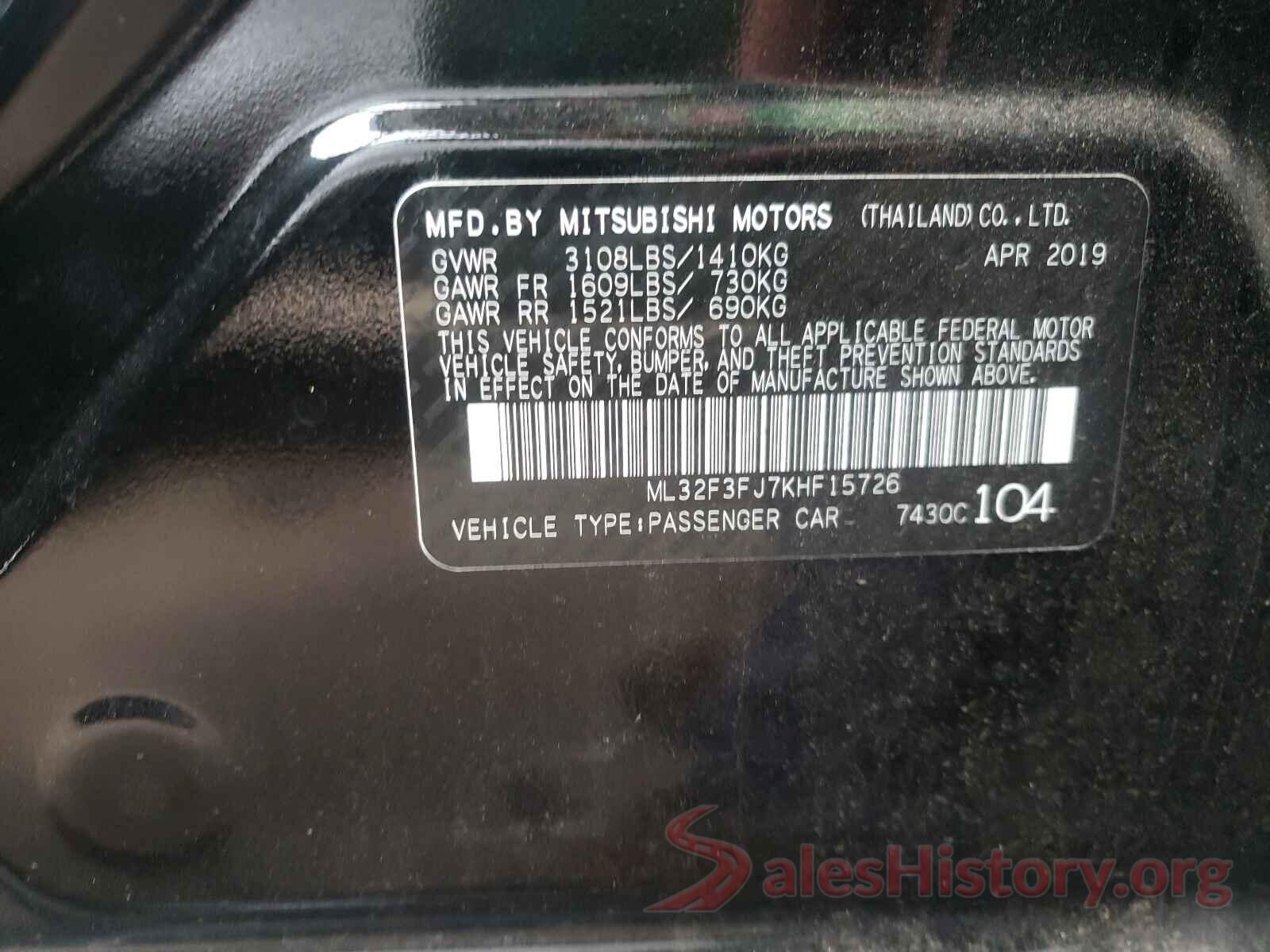 ML32F3FJ7KHF15726 2019 MITSUBISHI MIRAGE