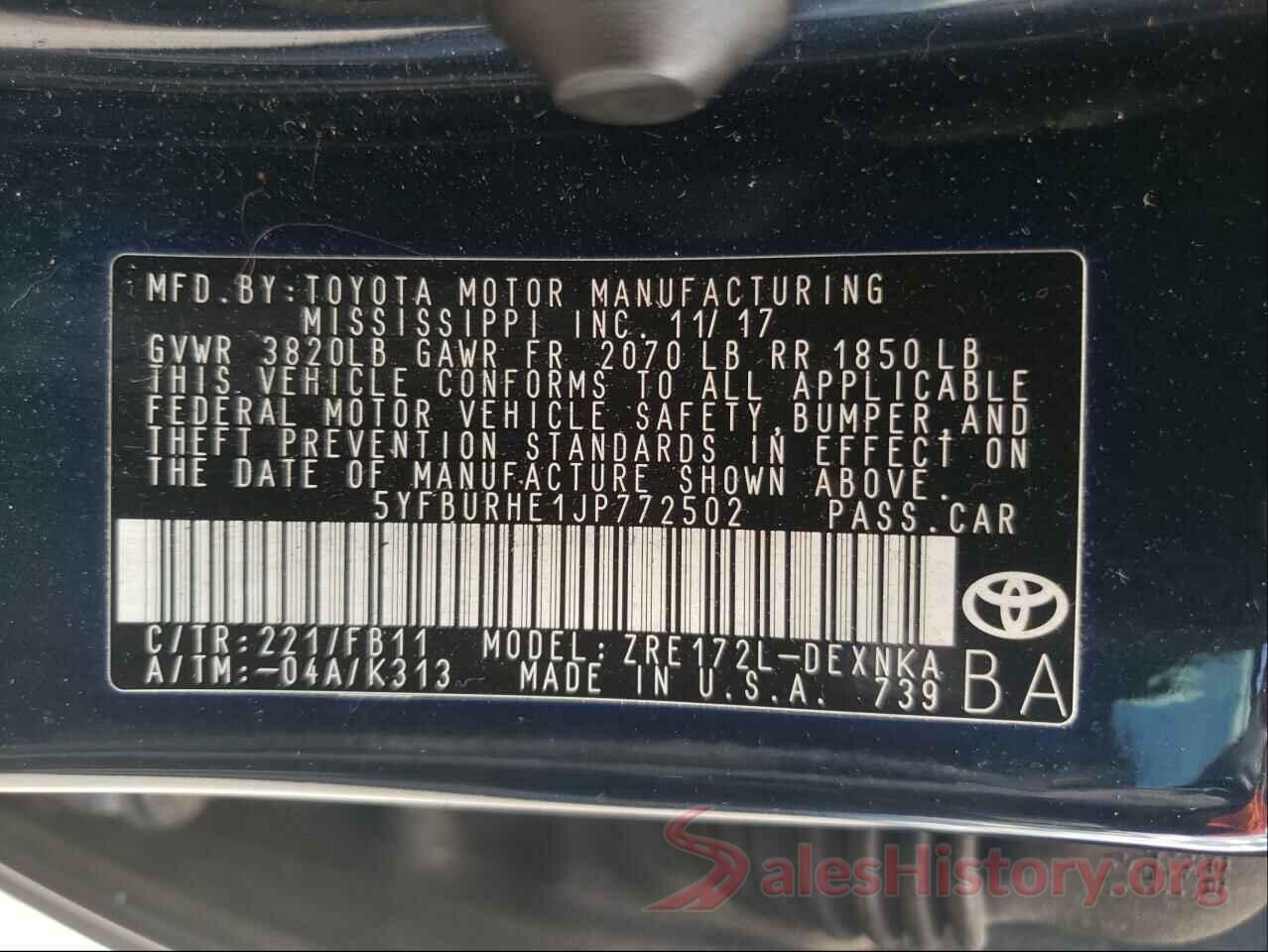 5YFBURHE1JP772502 2018 TOYOTA COROLLA