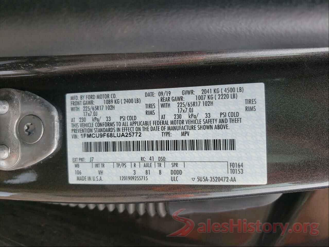 1FMCU9F68LUA25772 2020 FORD ESCAPE