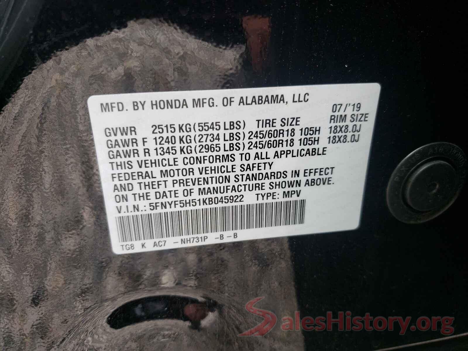 5FNYF5H51KB045922 2019 HONDA PILOT