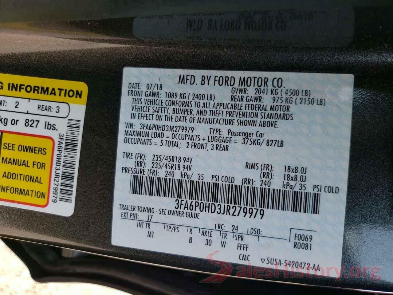 3FA6P0HD3JR279979 2018 FORD FUSION