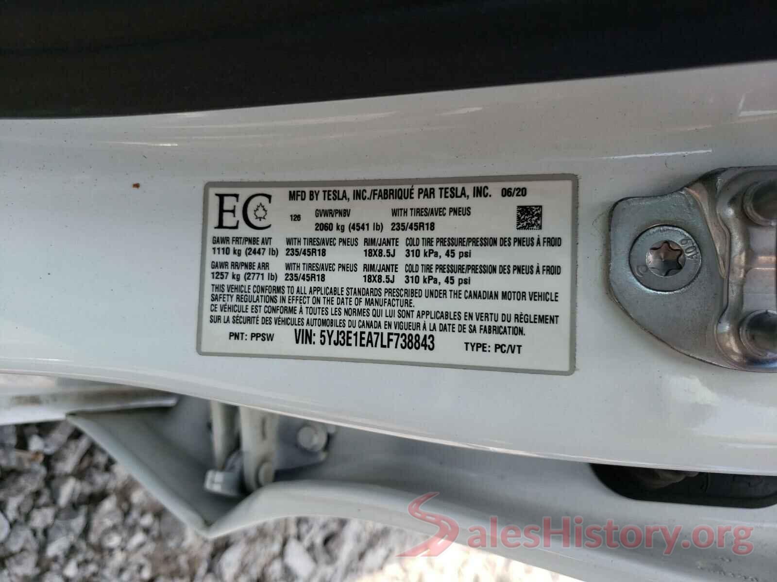 5YJ3E1EA7LF738843 2020 TESLA MODEL 3