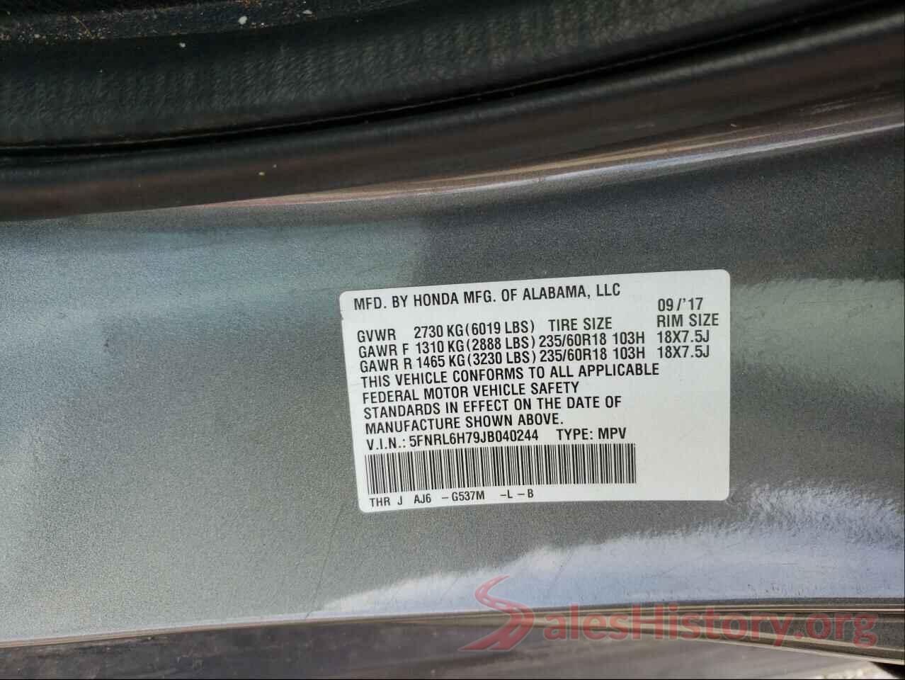 5FNRL6H79JB040244 2018 HONDA ODYSSEY