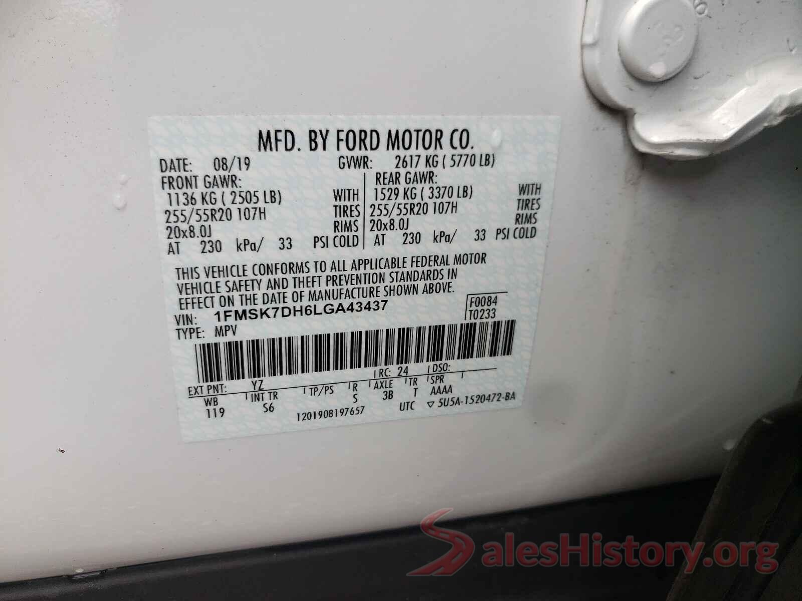 1FMSK7DH6LGA43437 2020 FORD EXPLORER