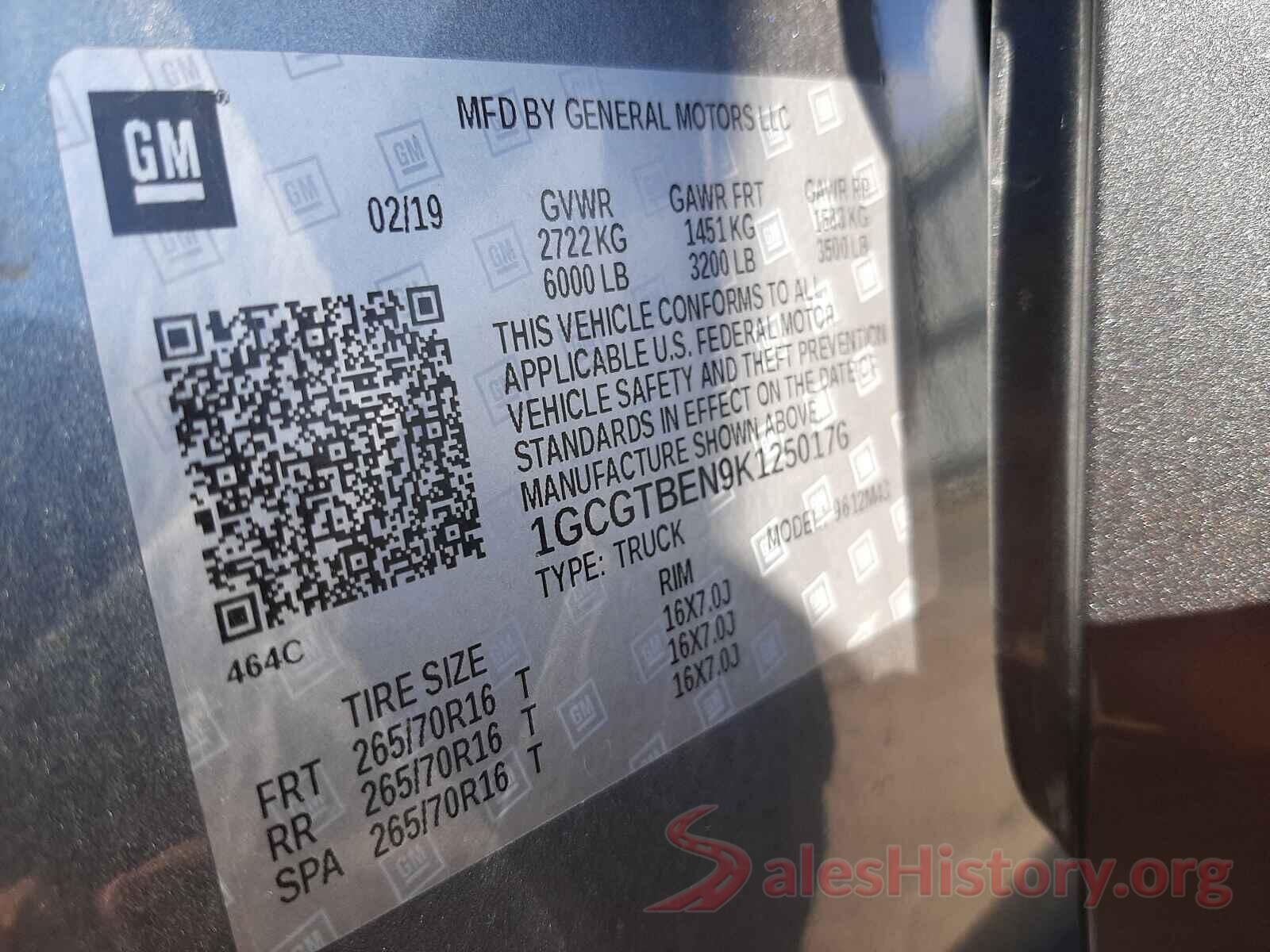 1GCGTBEN9K1250176 2019 CHEVROLET COLORADO