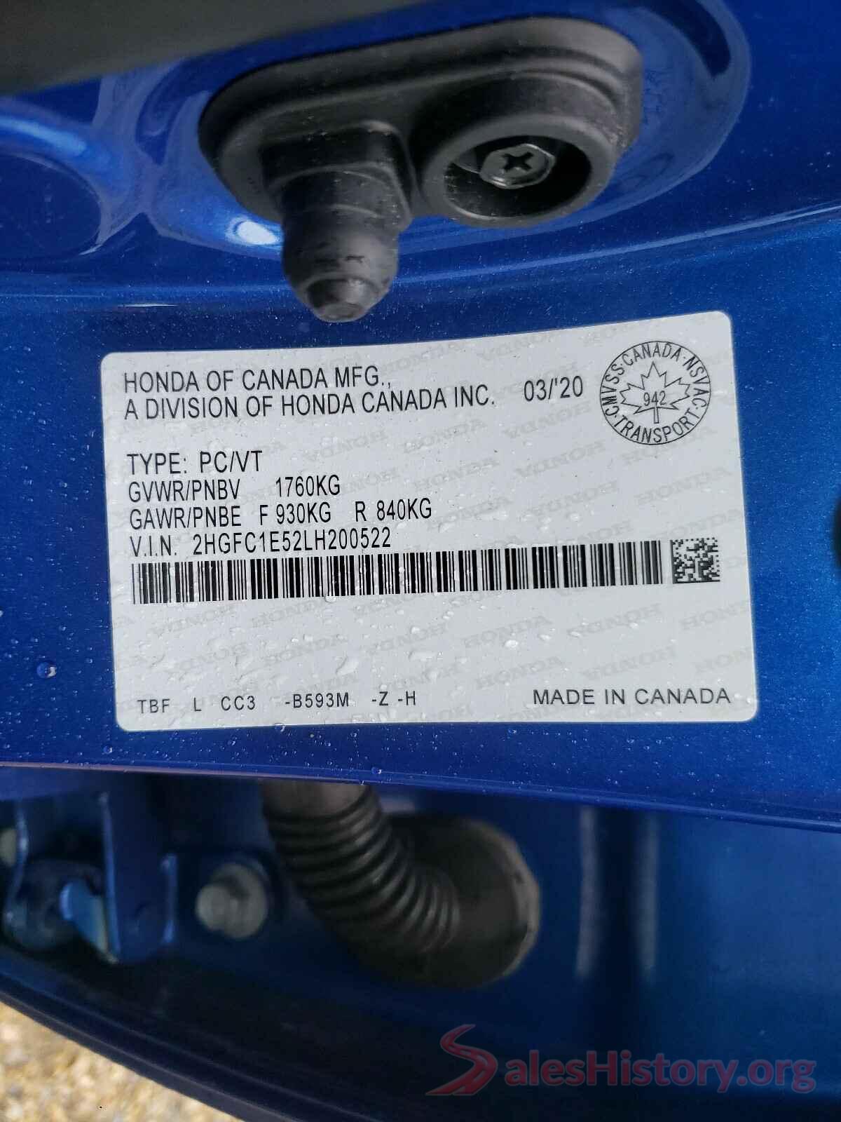 2HGFC1E52LH200522 2020 HONDA CIVIC