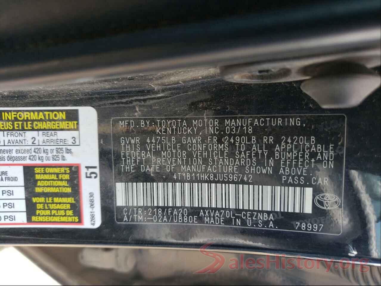 4T1B11HK8JU596742 2018 TOYOTA CAMRY