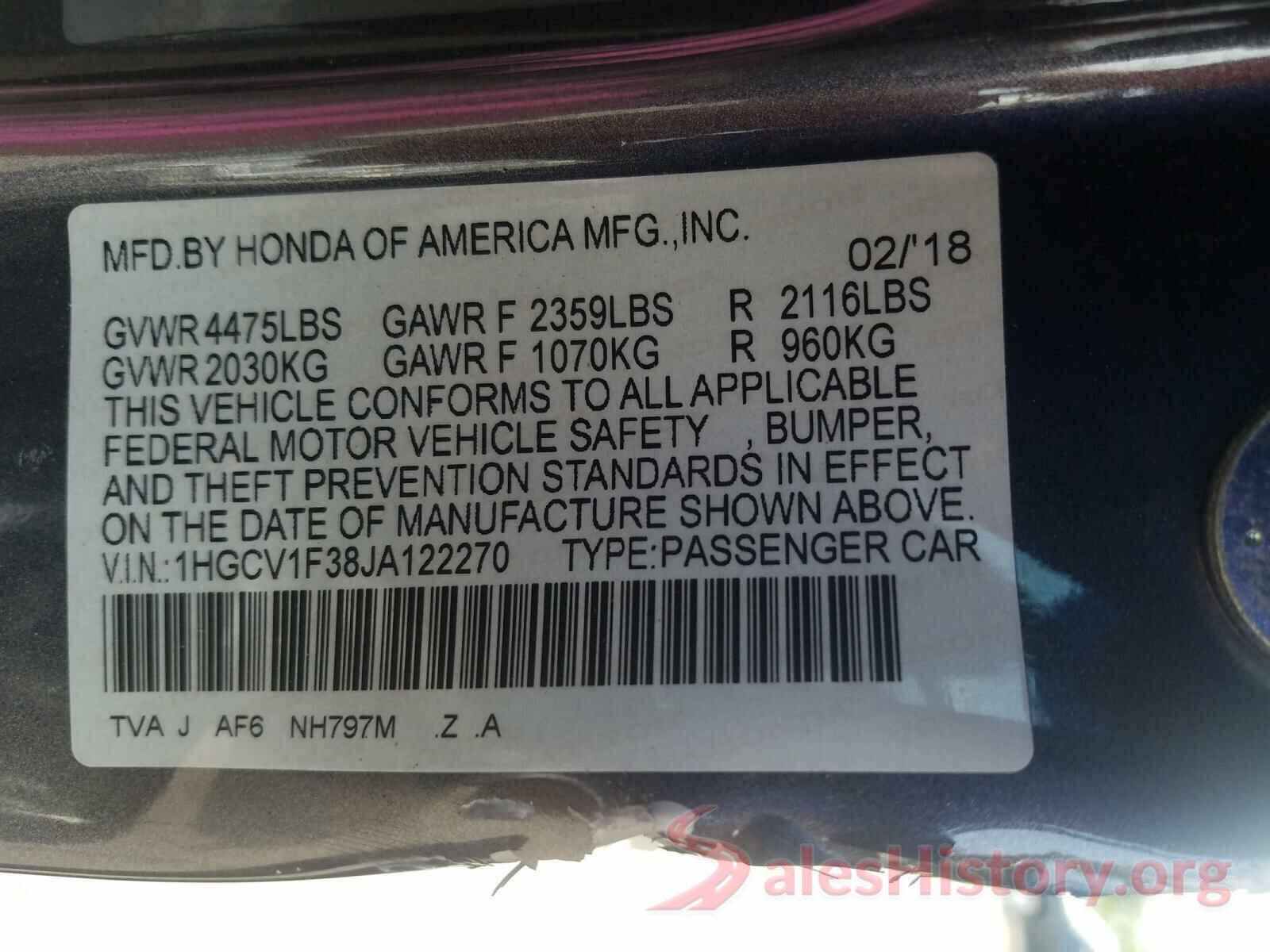 1HGCV1F38JA122270 2018 HONDA ACCORD