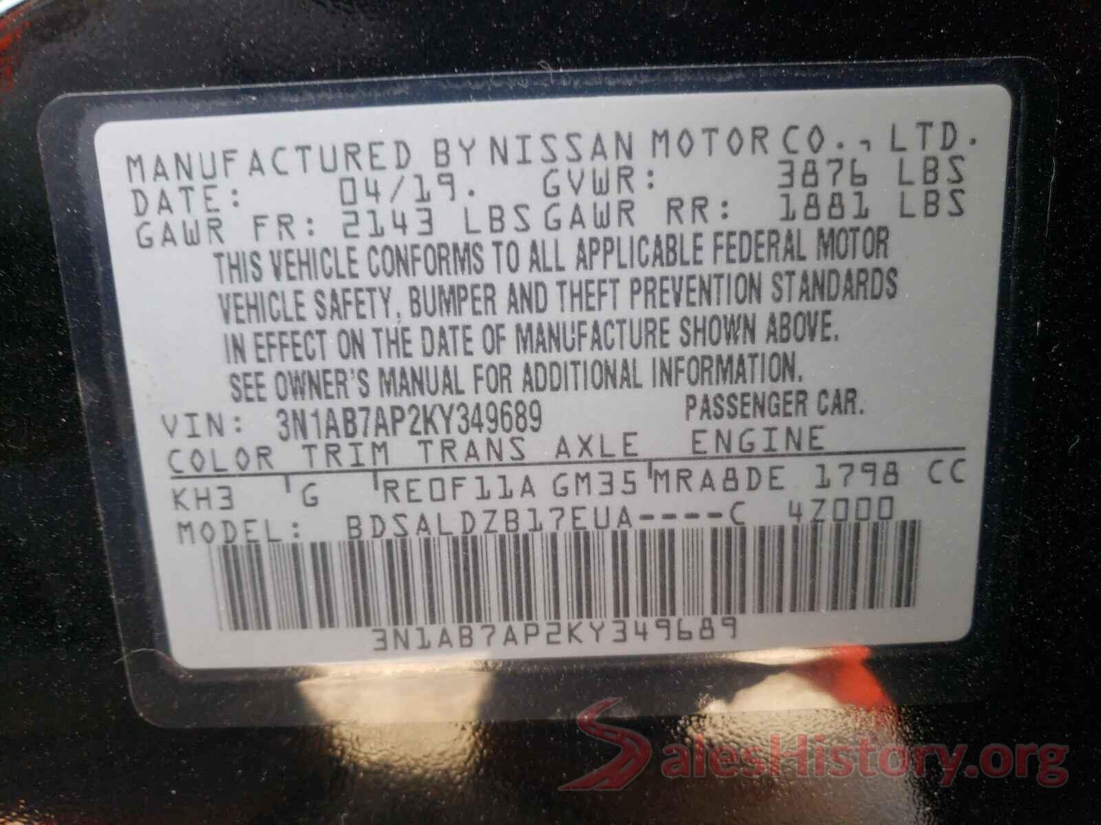 3N1AB7AP2KY349689 2019 NISSAN SENTRA