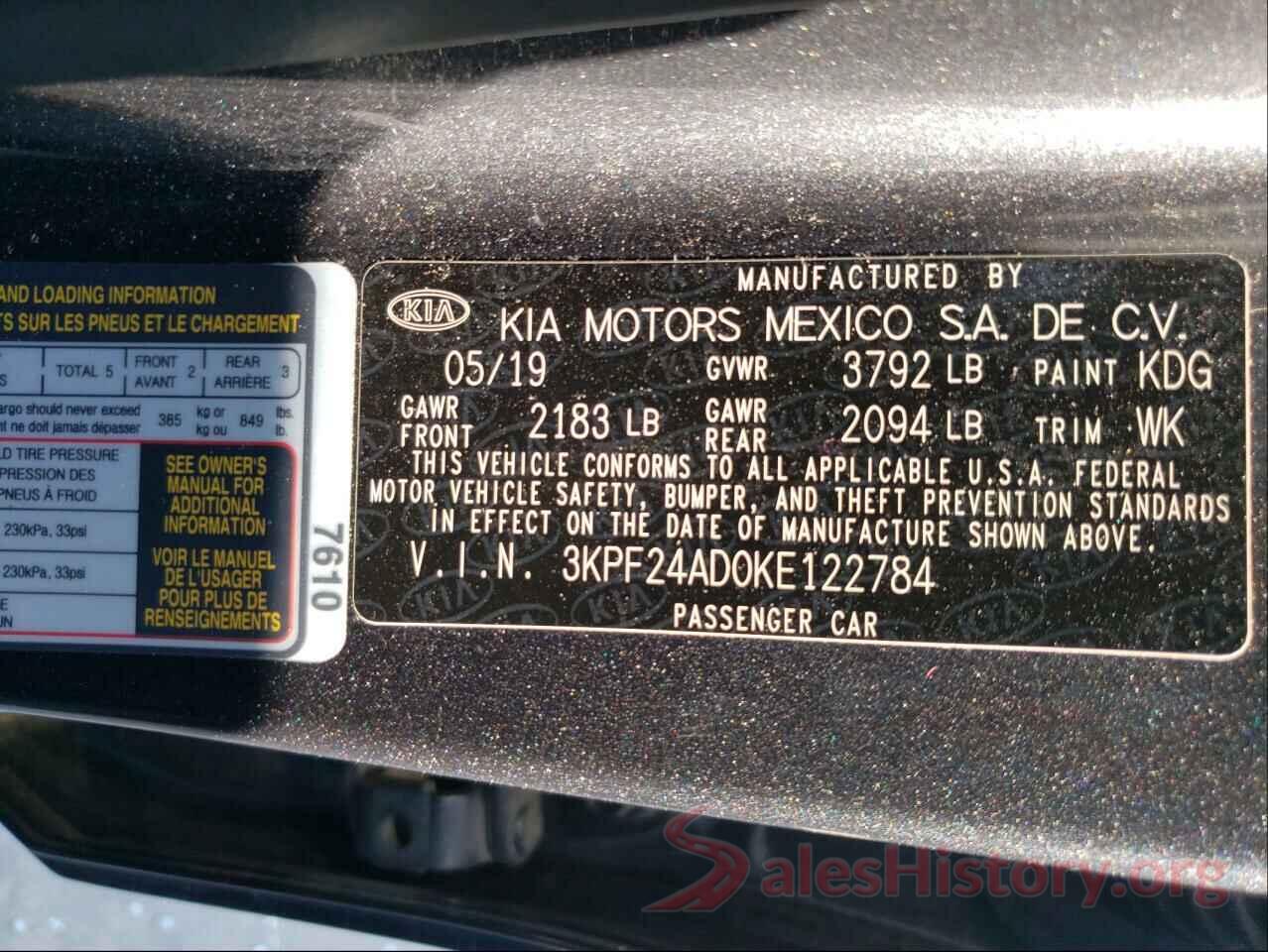 3KPF24AD0KE122784 2019 KIA FORTE