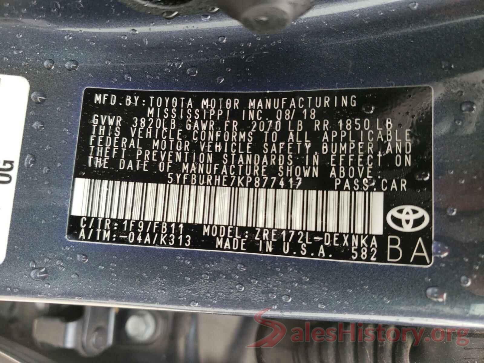 5YFBURHE7KP877417 2019 TOYOTA COROLLA