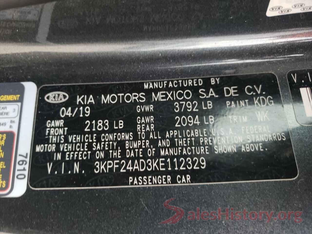 3KPF24AD3KE112329 2019 KIA FORTE