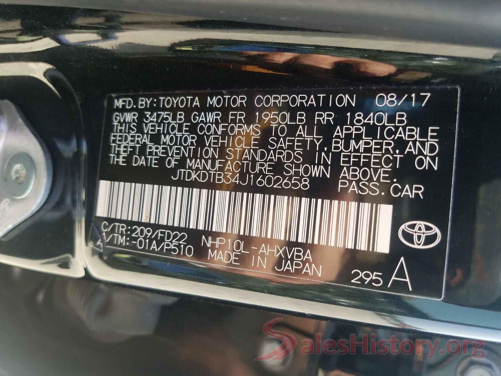 JTDKDTB34J1602658 2018 TOYOTA PRIUS