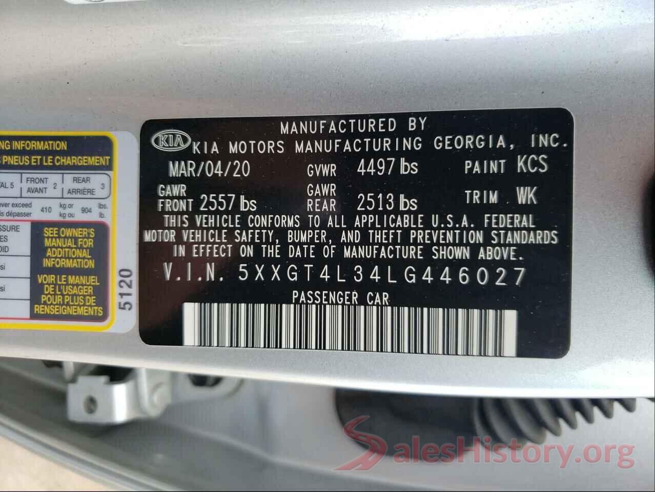 5XXGT4L34LG446027 2020 KIA OPTIMA