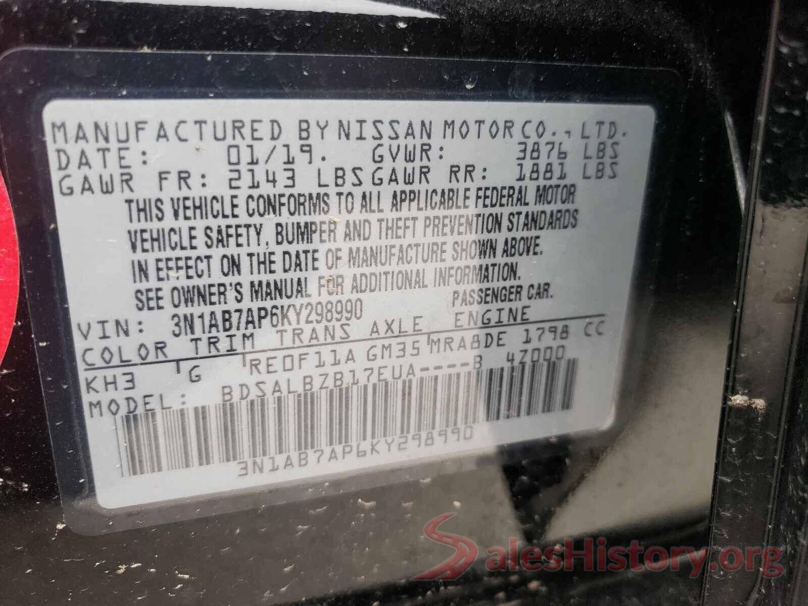 3N1AB7AP6KY298990 2019 NISSAN SENTRA