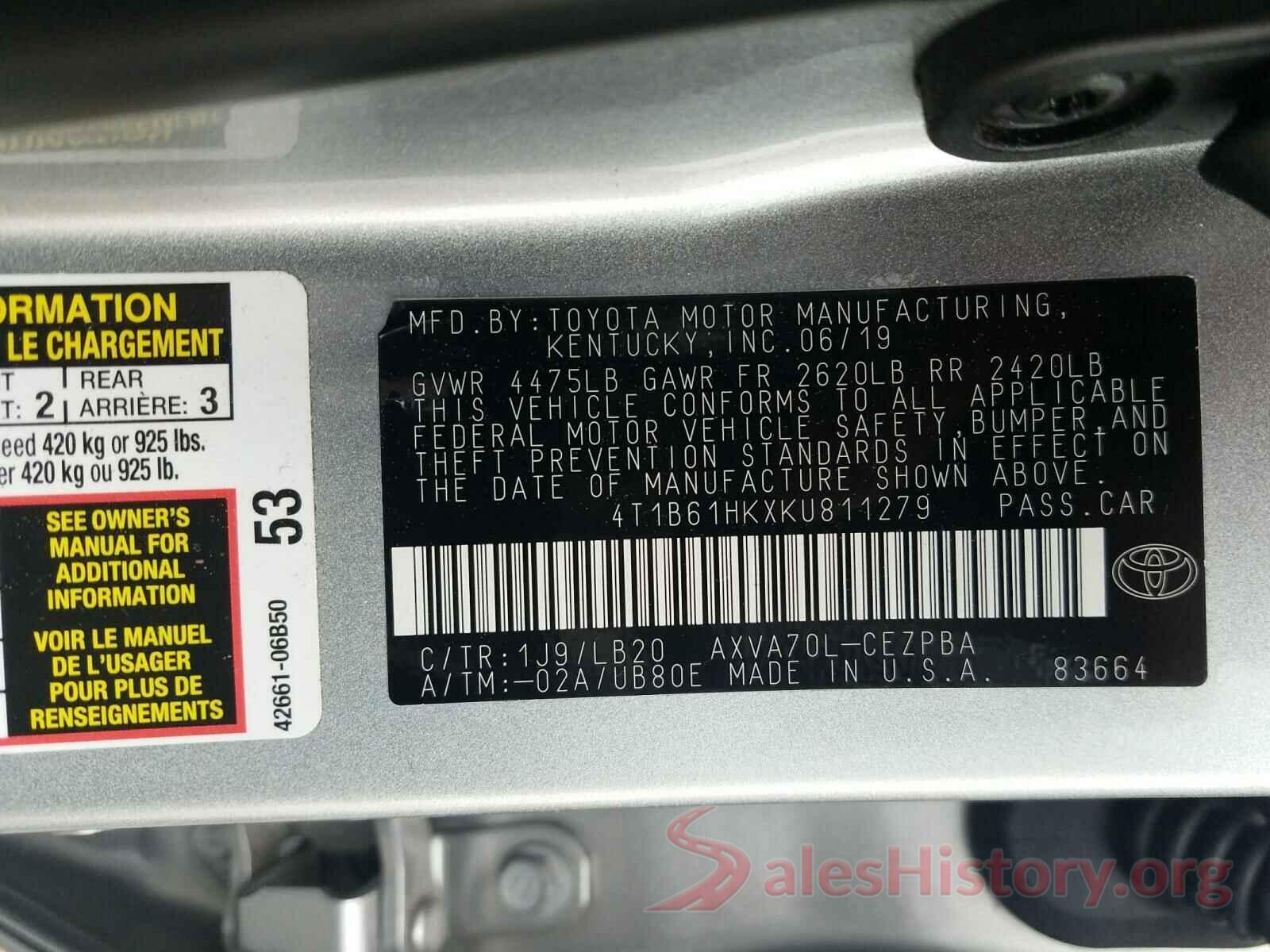 4T1B61HKXKU811279 2019 TOYOTA CAMRY