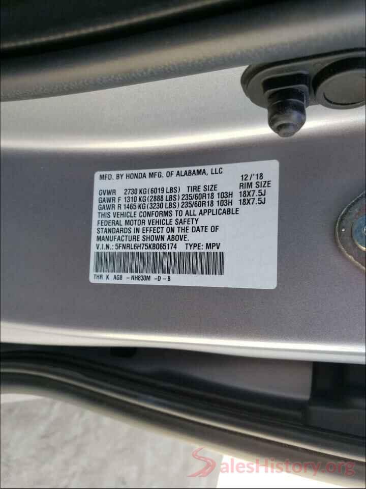 5FNRL6H75KB065174 2019 HONDA ODYSSEY