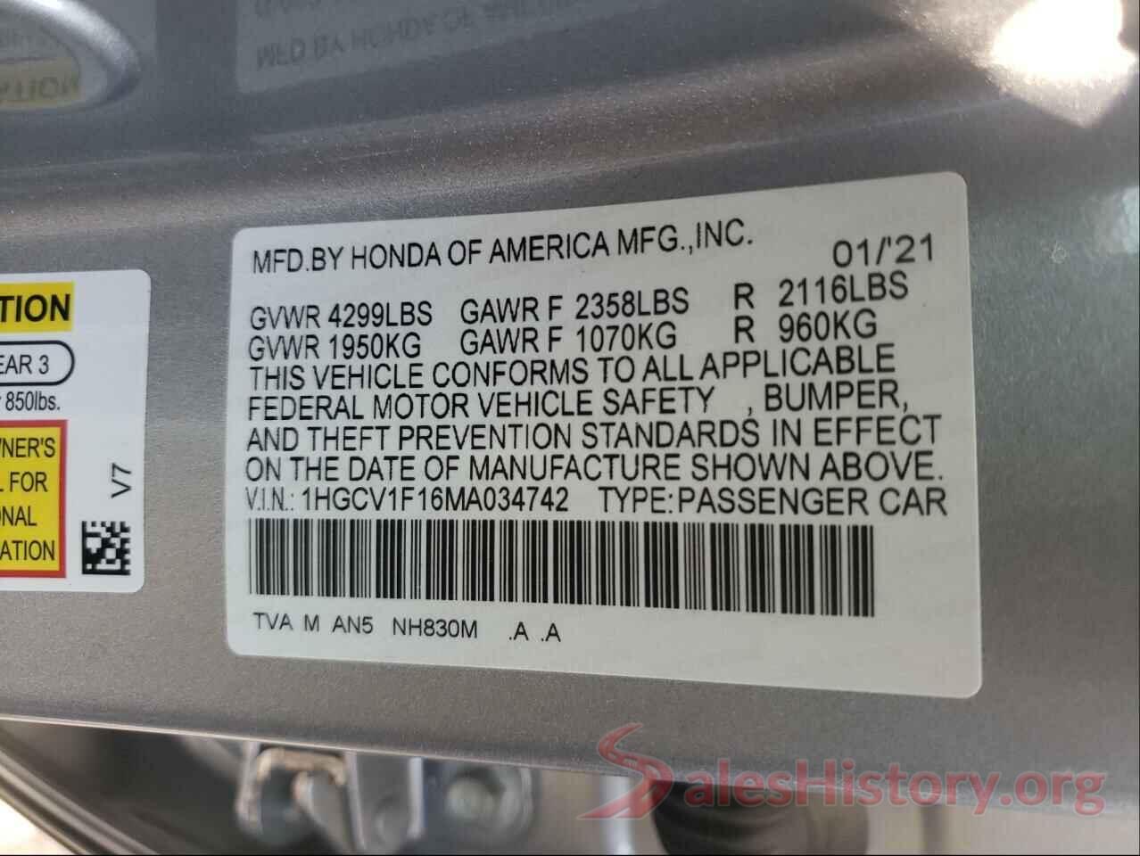 1HGCV1F16MA034742 2021 HONDA ACCORD