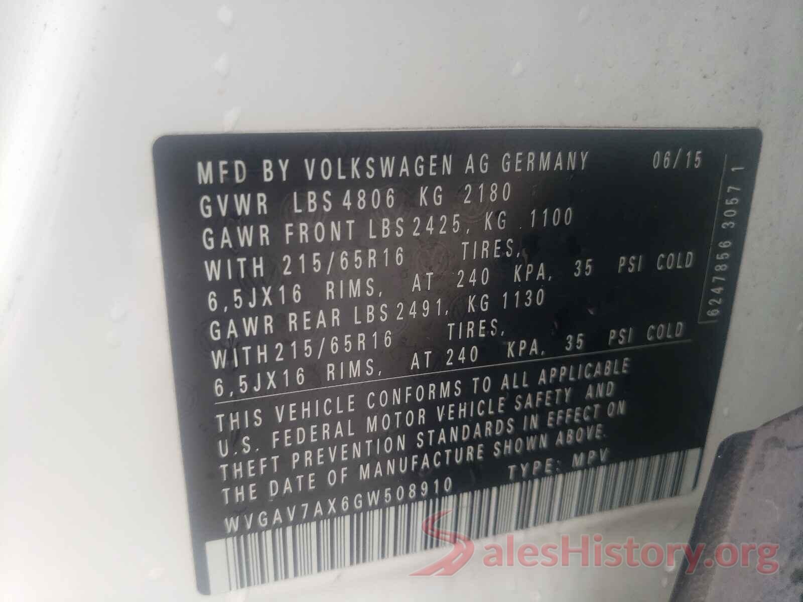 WVGAV7AX6GW508910 2016 VOLKSWAGEN TIGUAN