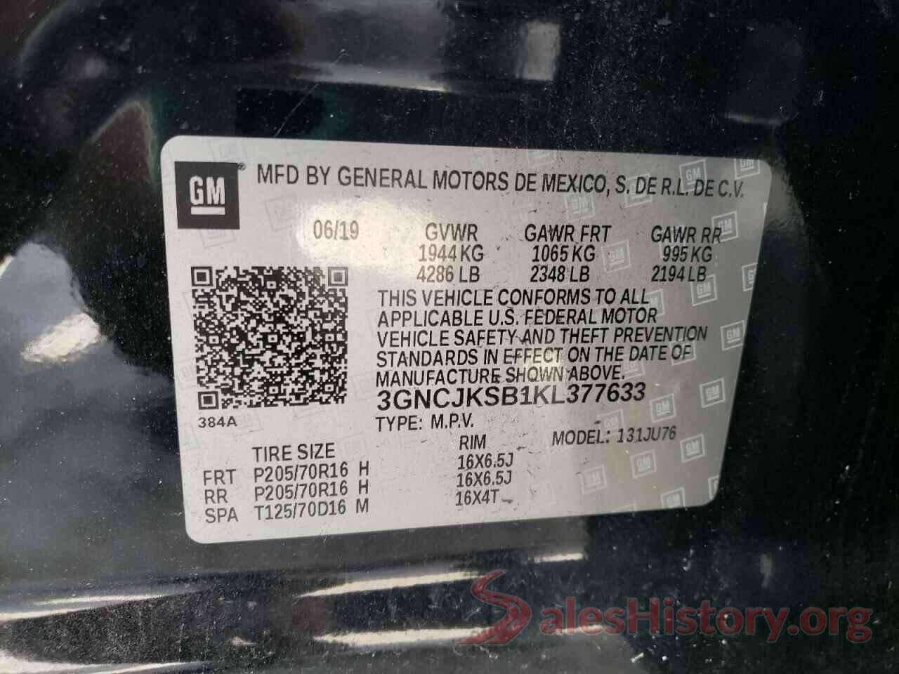 3GNCJKSB1KL377633 2019 CHEVROLET TRAX